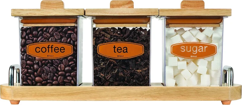 بيلي طقم علب قهوة وشاي وسكر بيلي بغطاء خشبي وقاعدة